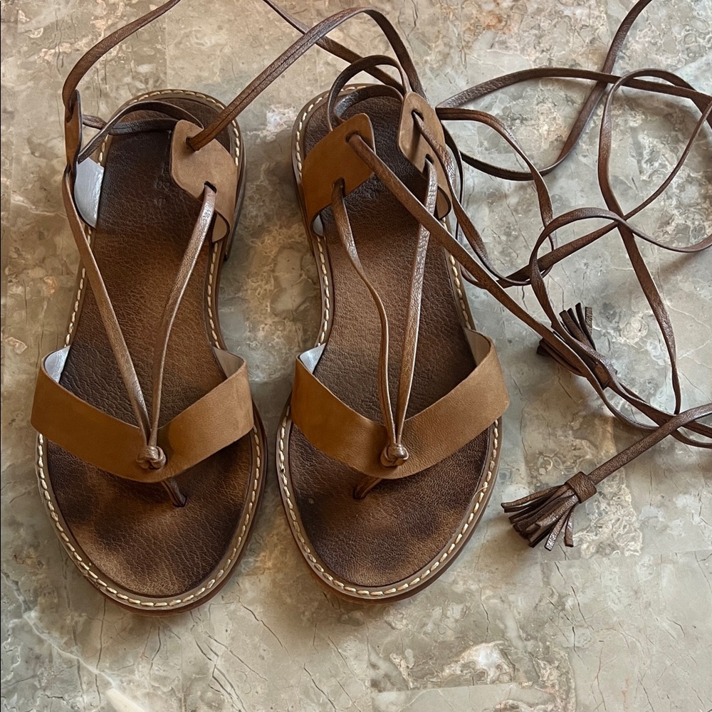 Hinge “Avery” Brown Wraparound Leather Strappy Sandals